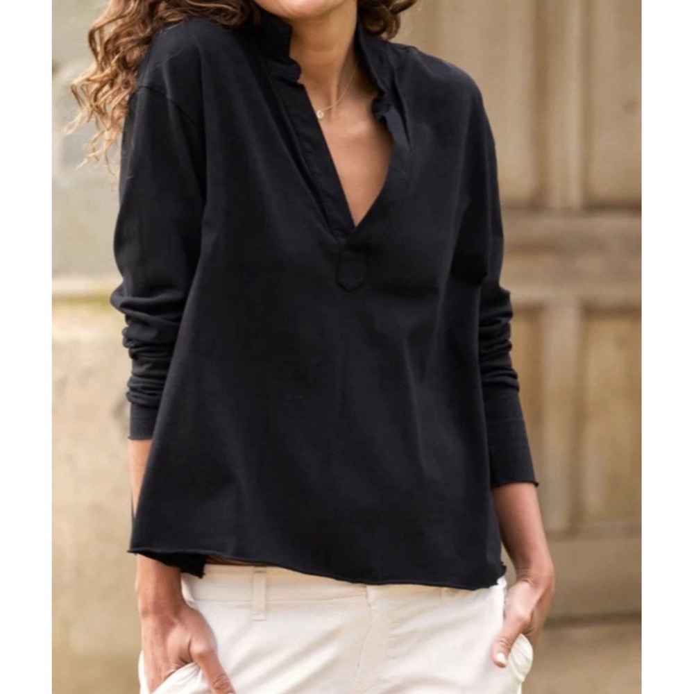 Frank & Eileen Patrick Popover Henley Polo Long Sleeve Top Black Nautical FLAW‎